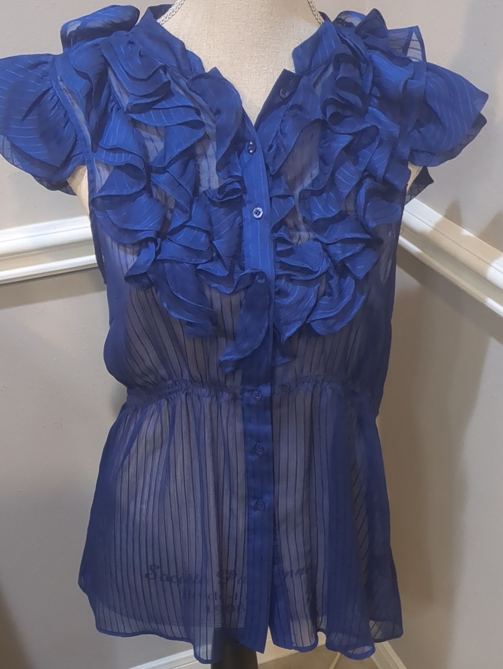BCBG Sheer Ruffle Button-Front Blouse - Royal Blue